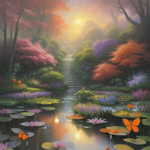 Girl Catches Butterfly by Lily Pond: Ethereal Fantasy