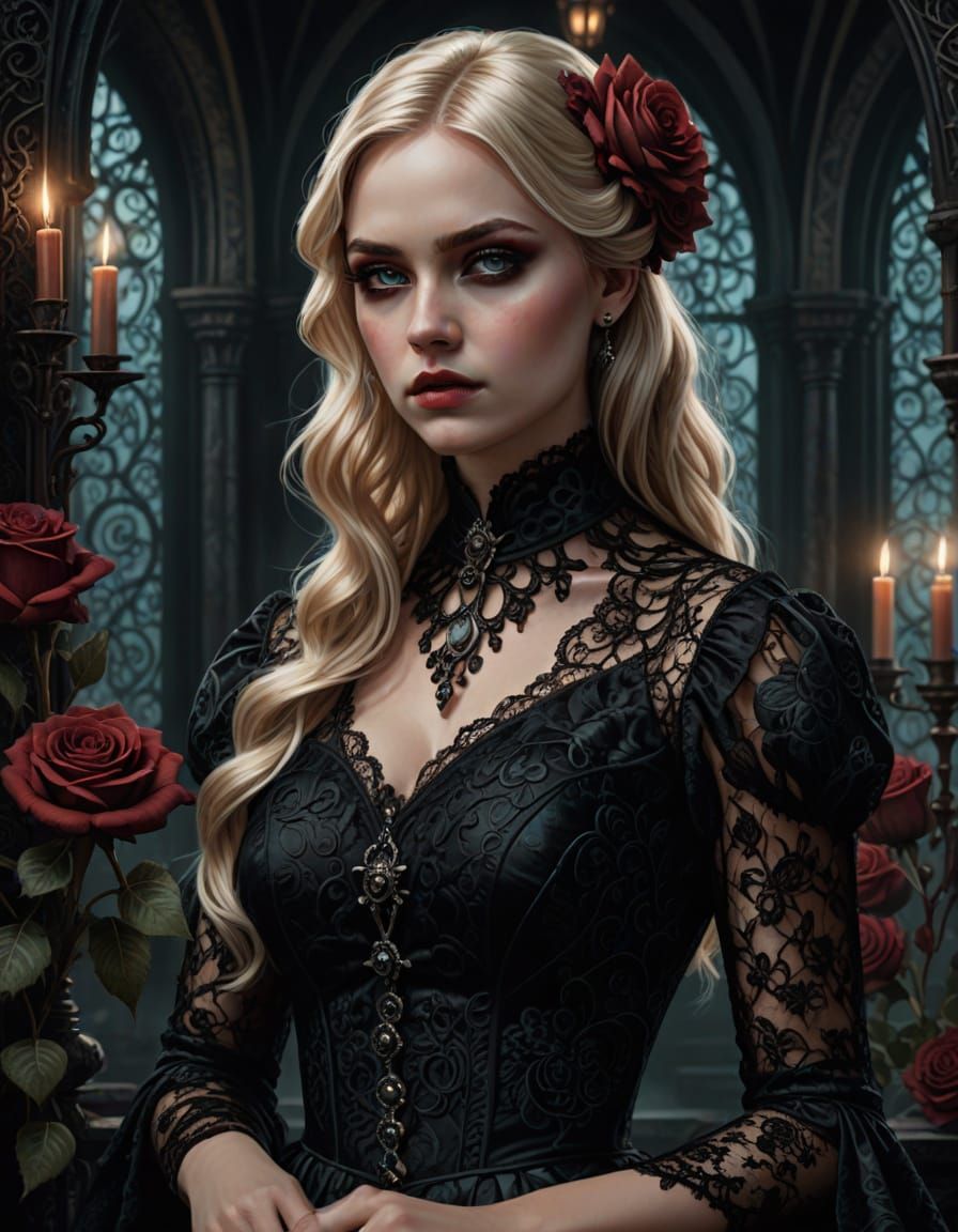 Gothic Fantasy Woman in Black Lace Dress