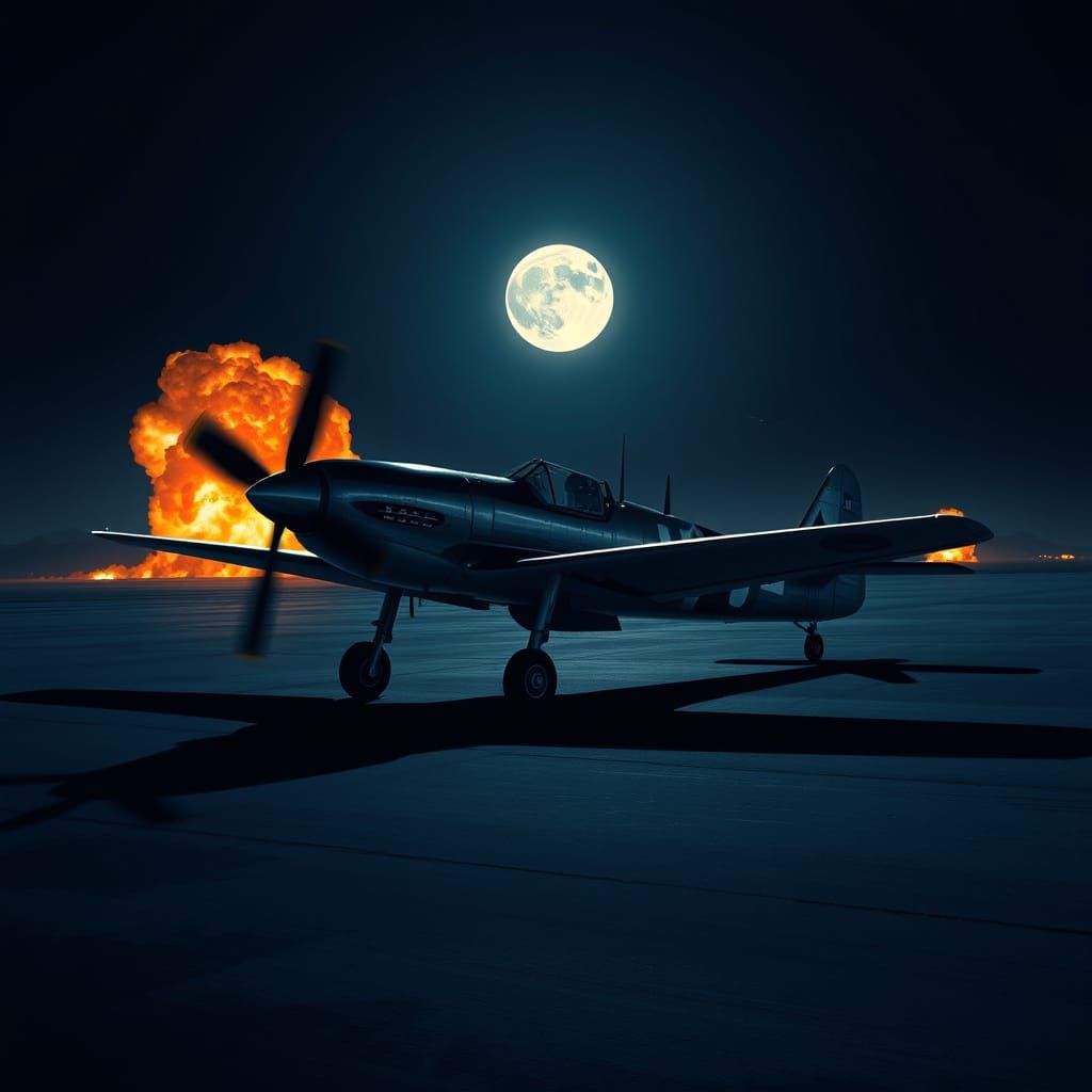 Surreal Nighttime Airfield with Messerschmitt Bf 109 E Fight...