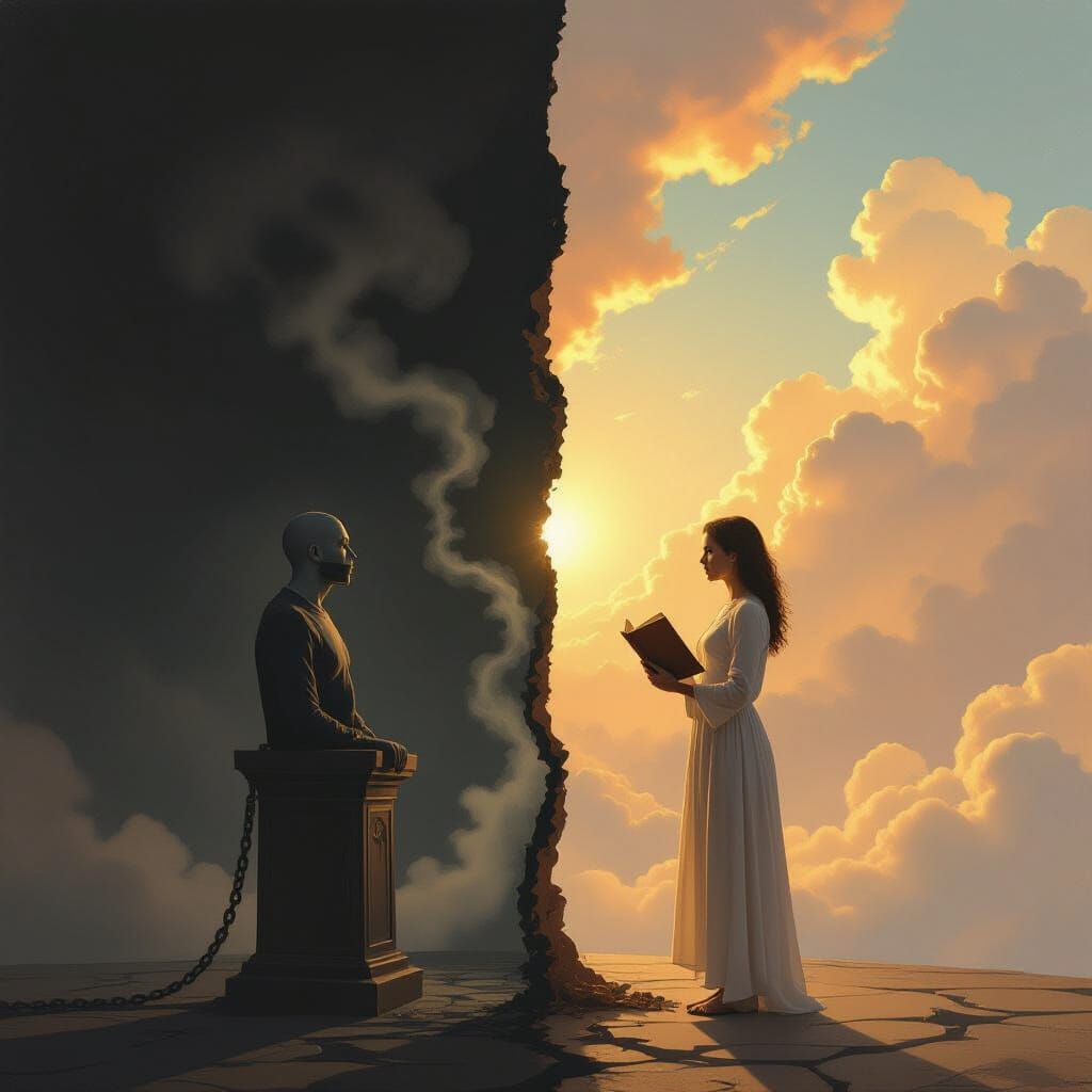 Dystopian Vs Utopian Freedom Split Image in Chiaroscuro Styl...