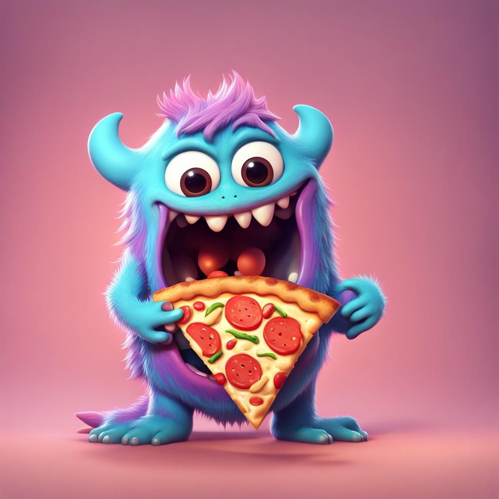 Cute Monster Eating Pizza in 3D Style