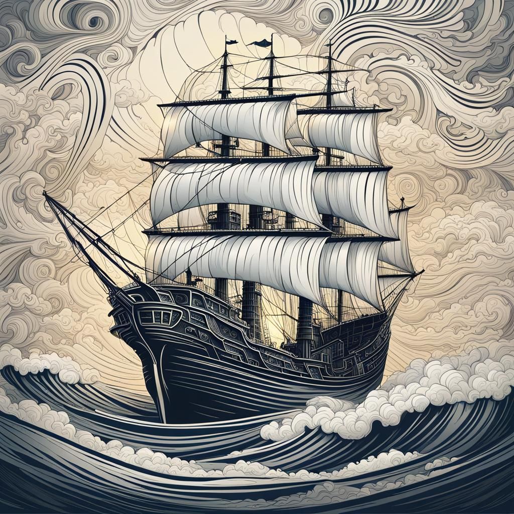 Pirate Ship Sailing Through Stormy Weather