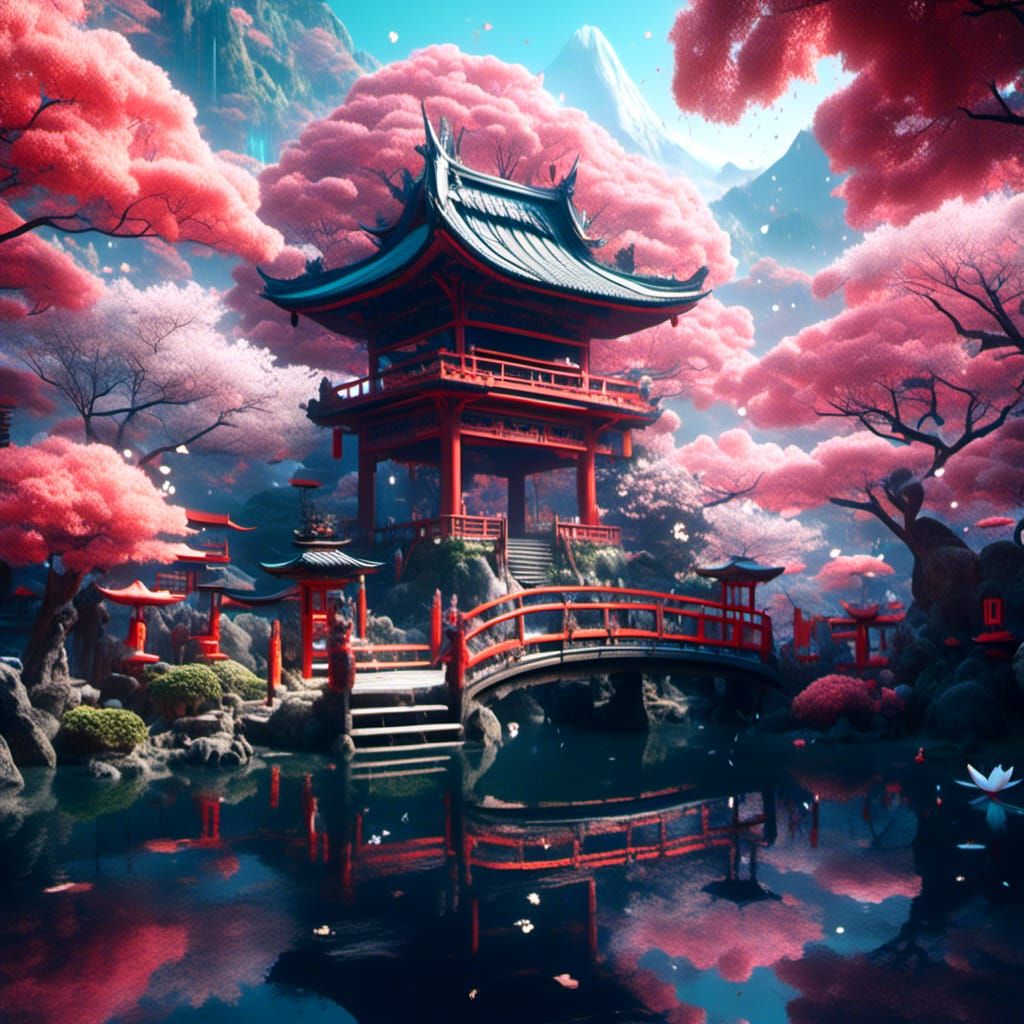 Mythical Japanese Garden with Lotus and Cherry Blossoms