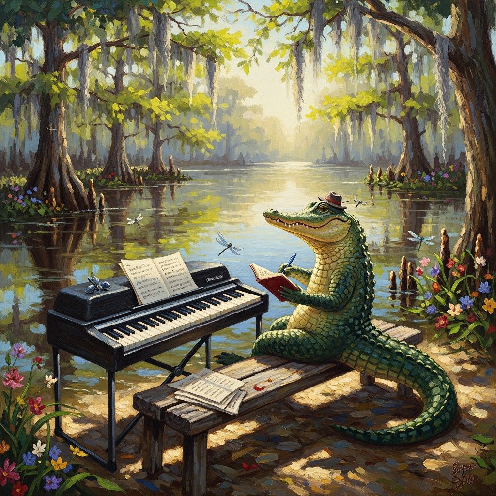 Impressionistic Bayou Scene: Alligator Songwriter with Piano