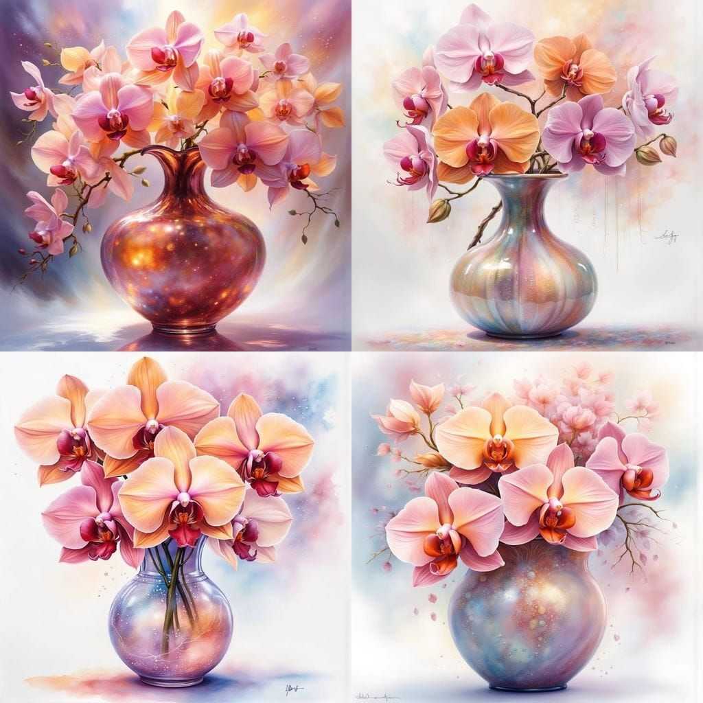 <lora:Beauty Mimosa:1.0> A beautiful vase of pink and orange orchids glistening with diamond dew in a delicate glass blo...