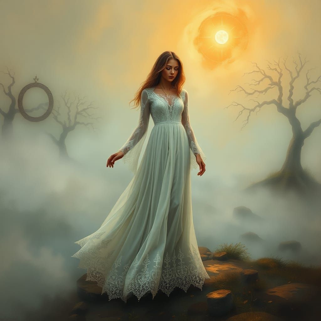 Mystical Woman with Gypsy Soul on Misty Shoreline