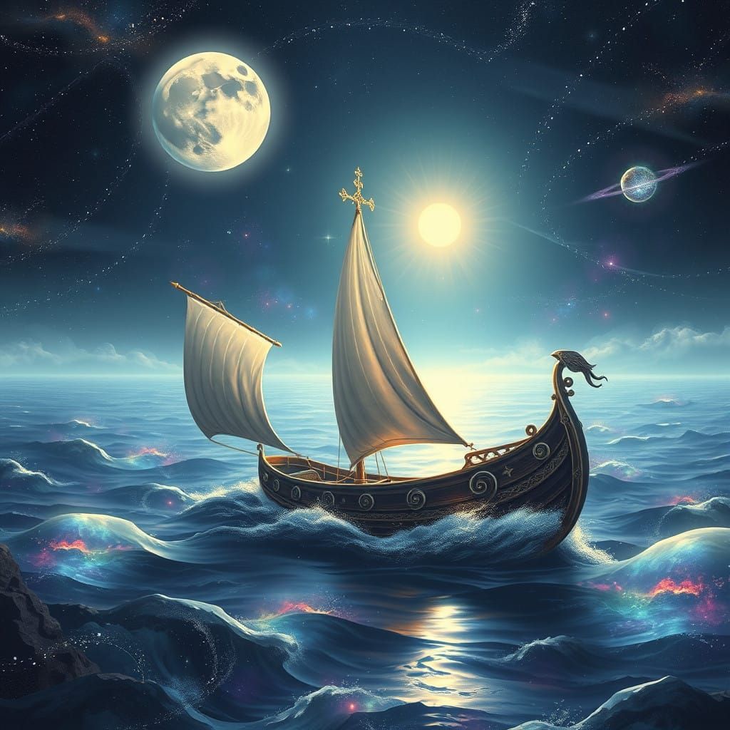 Luminous Boat Drifts Through Cosmic Sea Under Full Moon