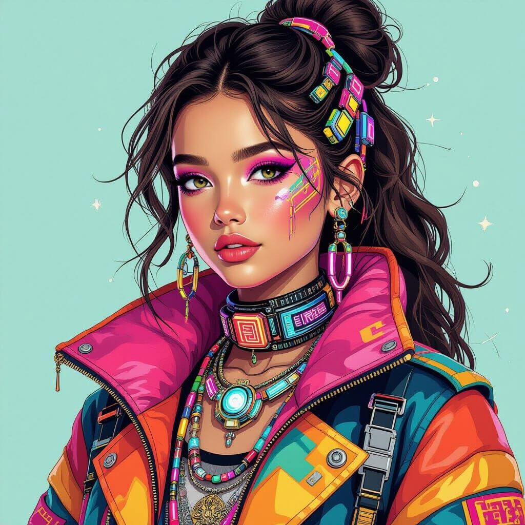 Futuristic Fashion Girl in Vibrant Cyberpunk Style