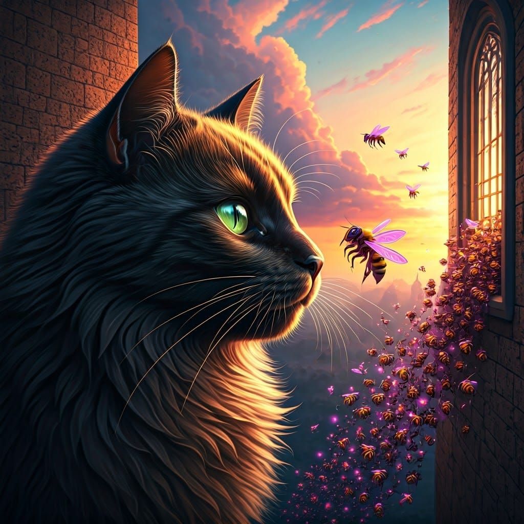 Enchanted Feline Encounter in Whimsical Sunset