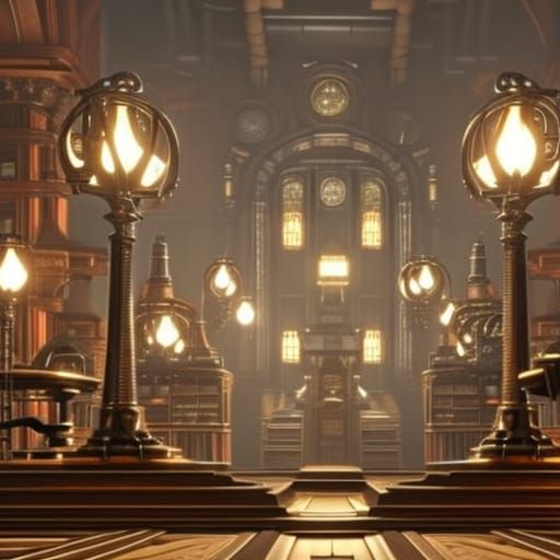 Steampunk Library with Metal Owl Statue