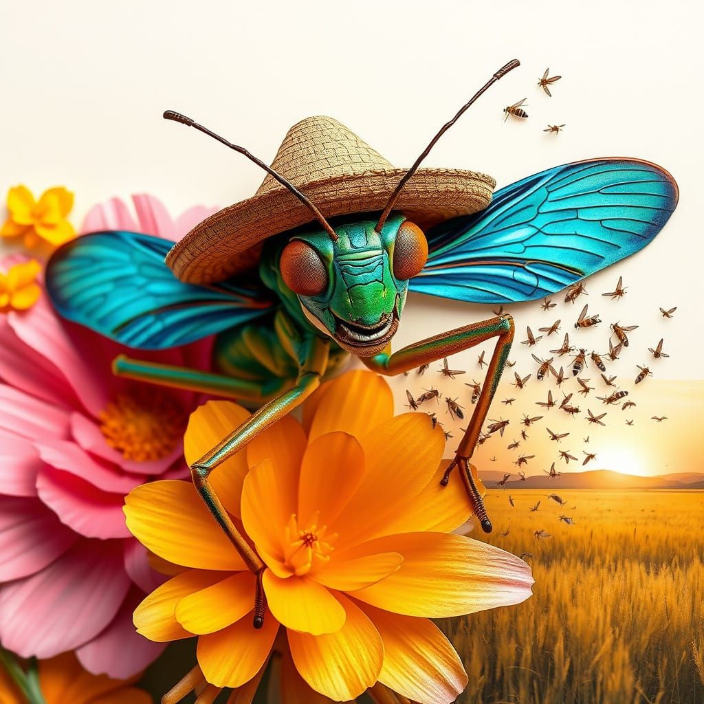 Grasshopper's Surreal Paper-Cut Flower Garden