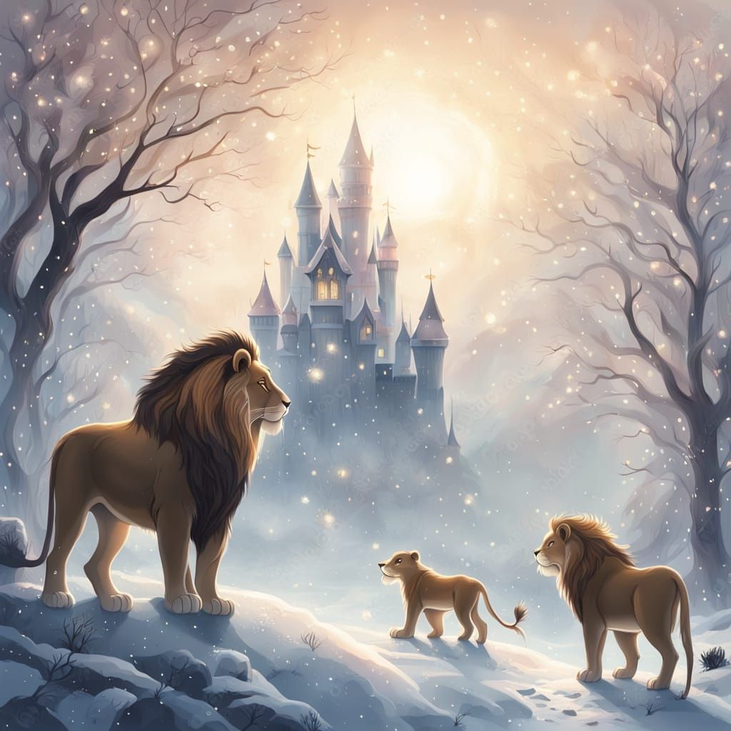 Fantasy Lion Kingdom in Whimsical Winter Wonderland