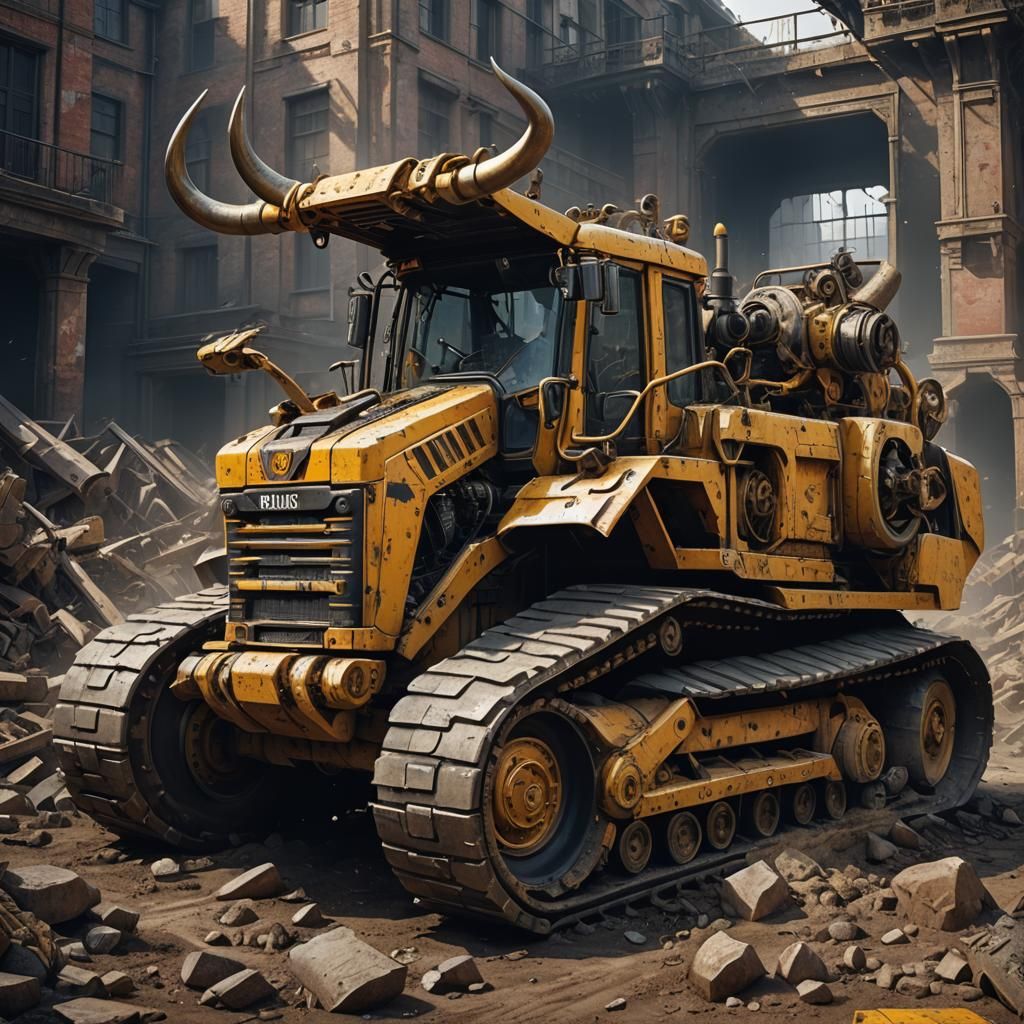 Menacing Bull-Shaped Bulldozer: Detailed Fantasy Concept Art