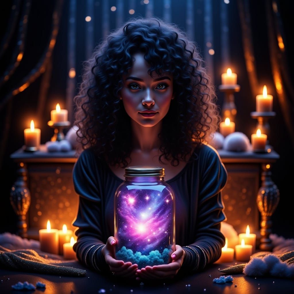 Mystical Galaxy Jar in Cozy Room: Digital Art