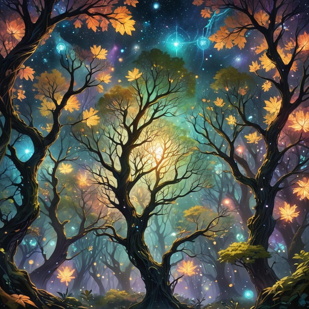 Cosmic Forest: Interconnected Trees in Dreamlike Landscape