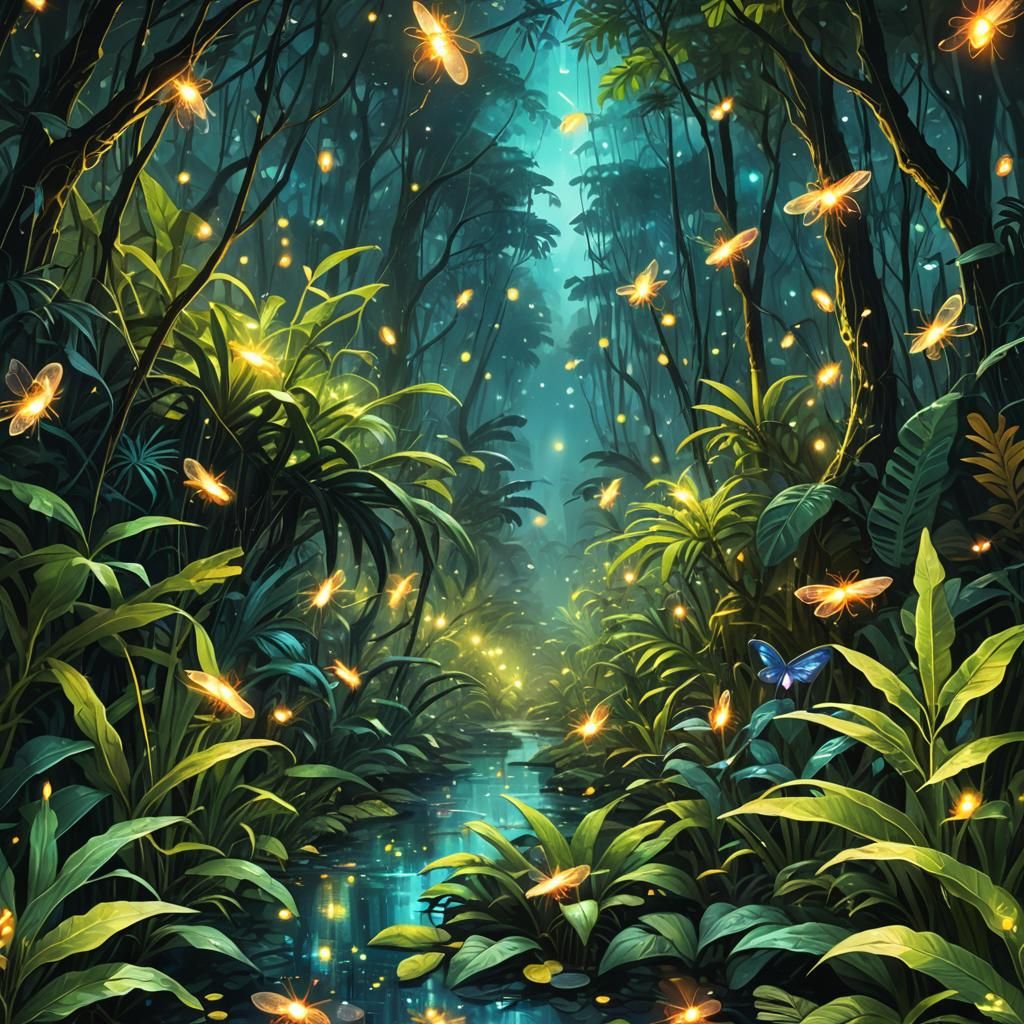 Fireflies Light Jungle: A Cosmic Illustration