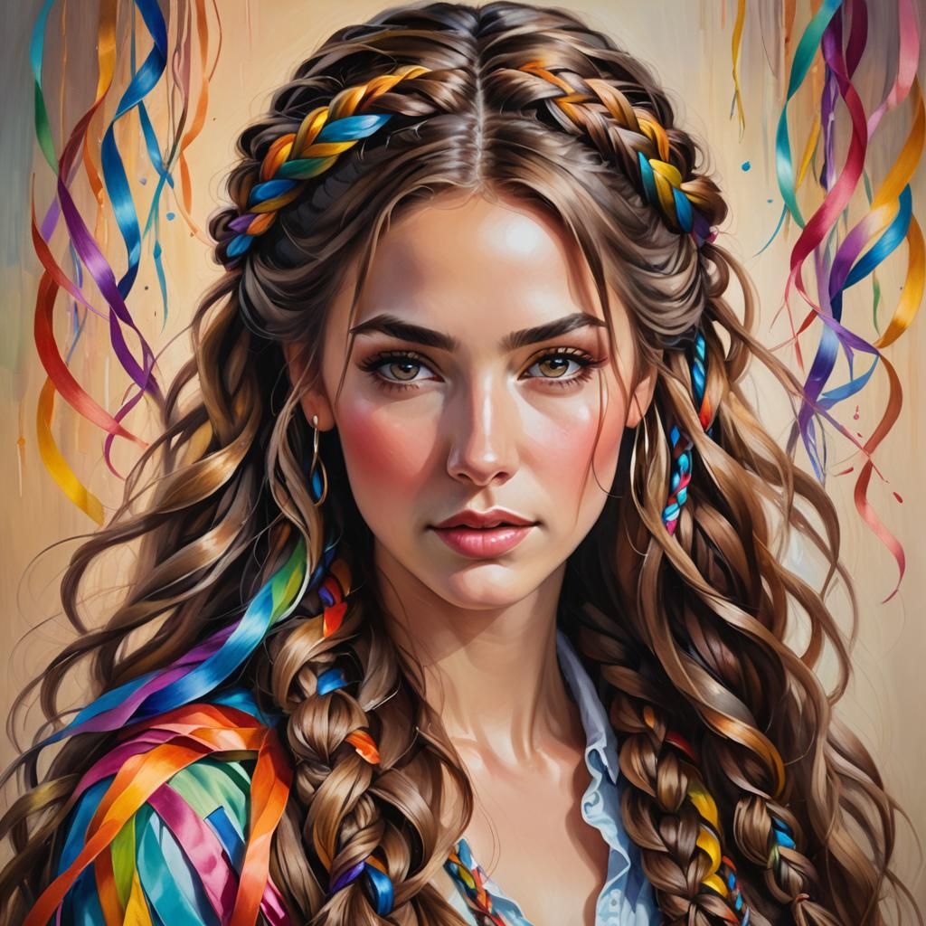 Woman with Braids and Rainbow Ribbons as Oil Painting
