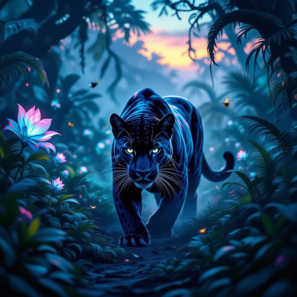 Bioluminescent Panther in Alien Jungle, Hyper-Realistic Art
