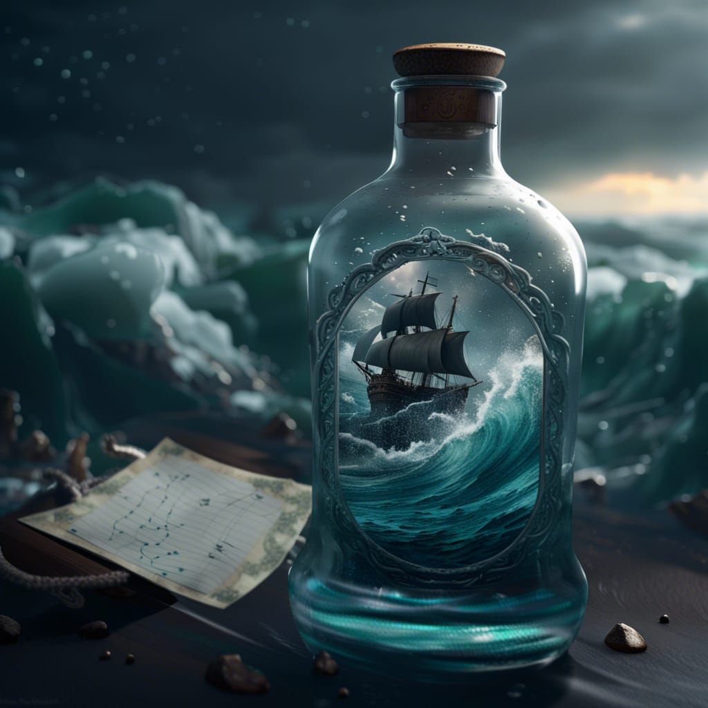 Stormy Ocean: Bottle with Note, Detailed Matte Painting