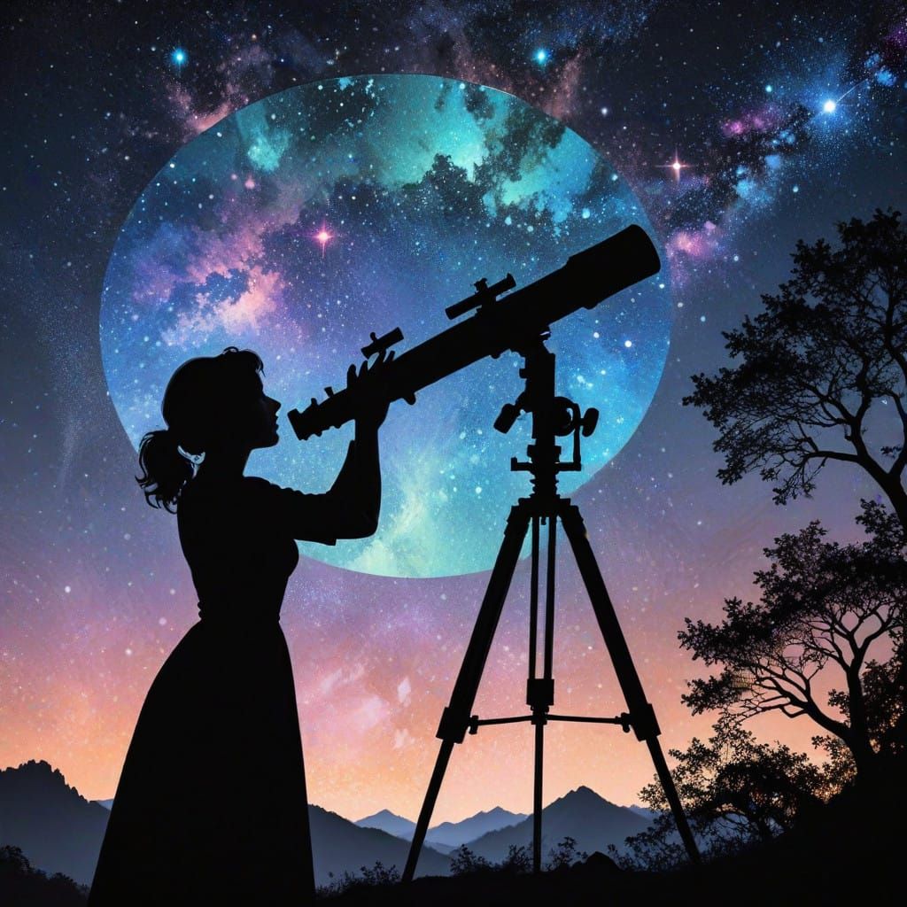 Astronomer Woman Contemplates Celestial Beauty in Silhouette...