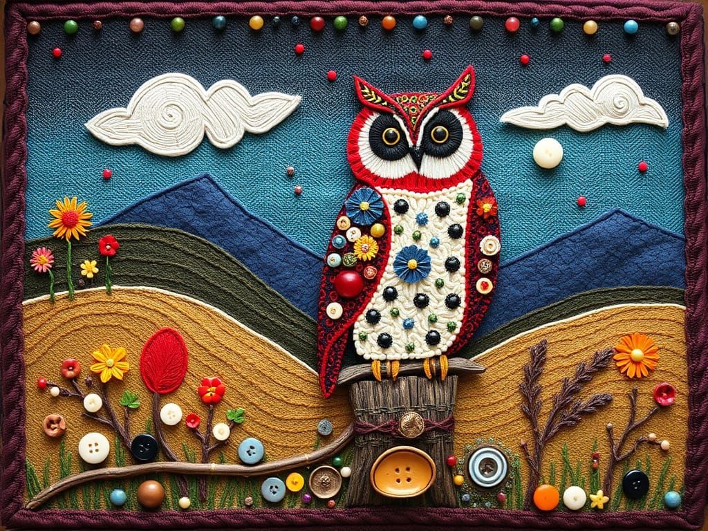 Whimsical Folk Art Owl on a Vibrant Landscape