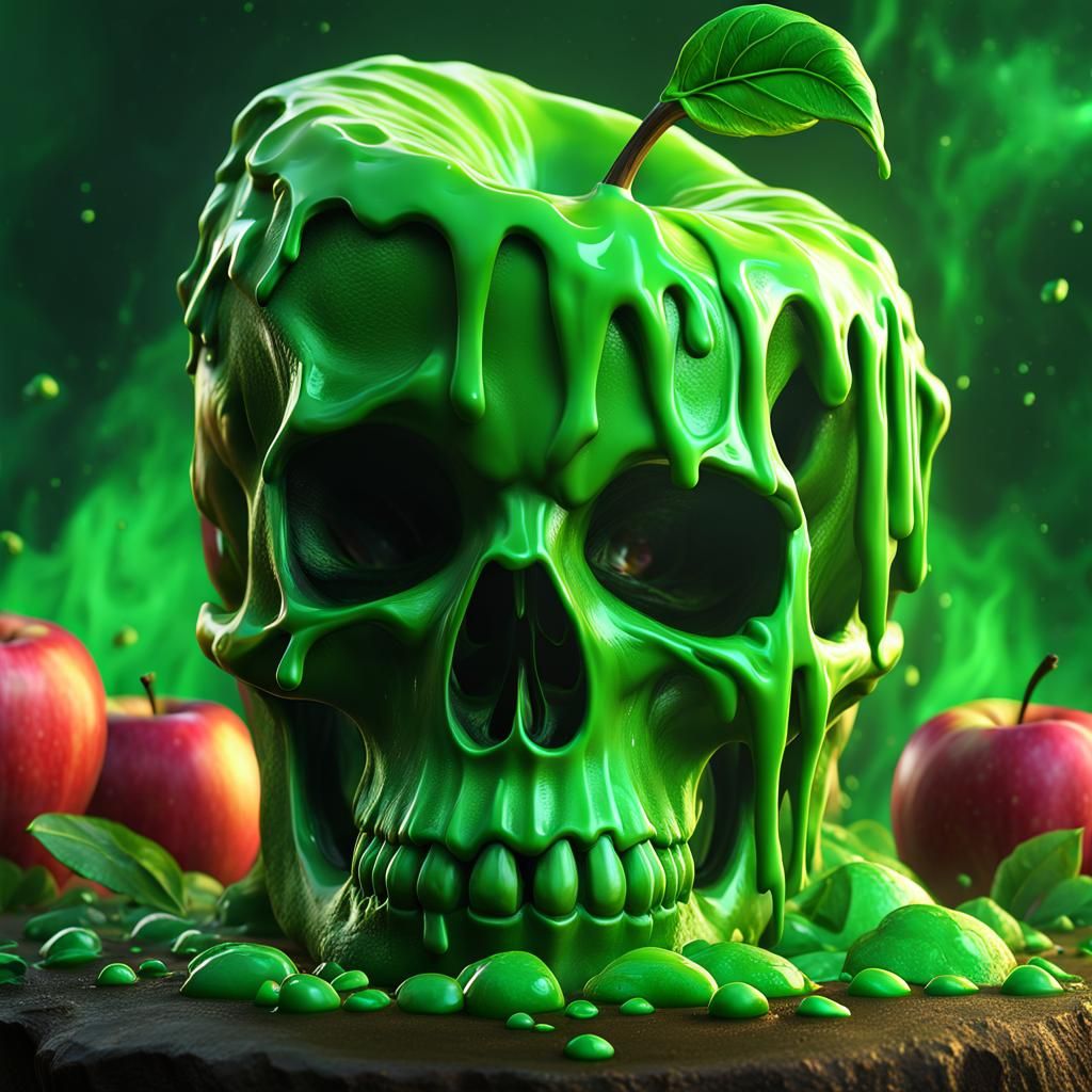 Melting Green Slime Apple Skull: 3D Matte Painting