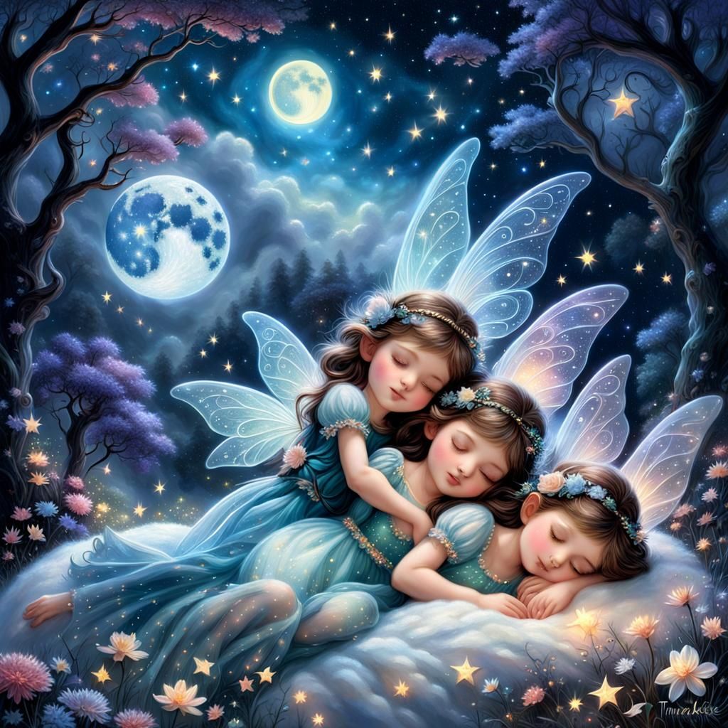 Fairies Sleeping on Bioluminescent Moon in Galaxy