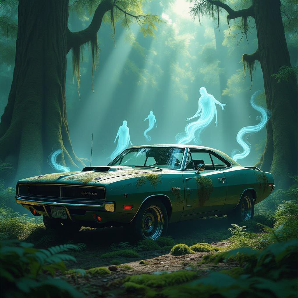 Abandoned Dodge Charger in Ancient Forest with Ancestral Spi...
