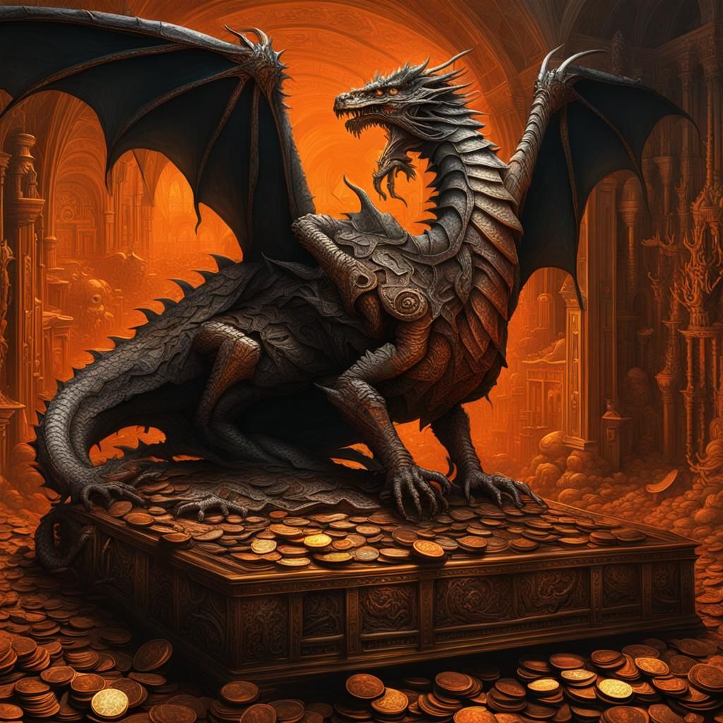 Copper Dragon on Silver Coins in Biomechanical Style