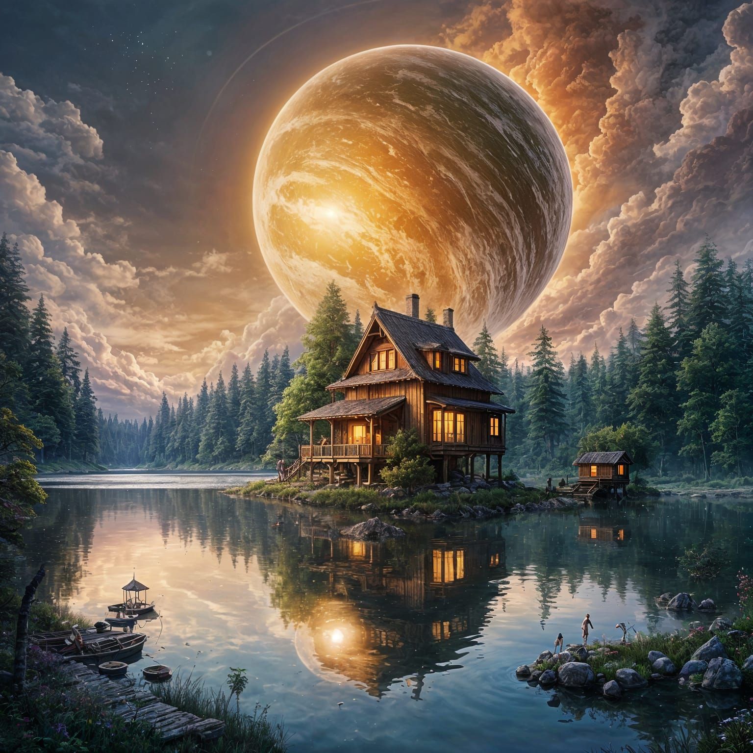 Surreal Woodland Planet Rises Above a Serene Lake
