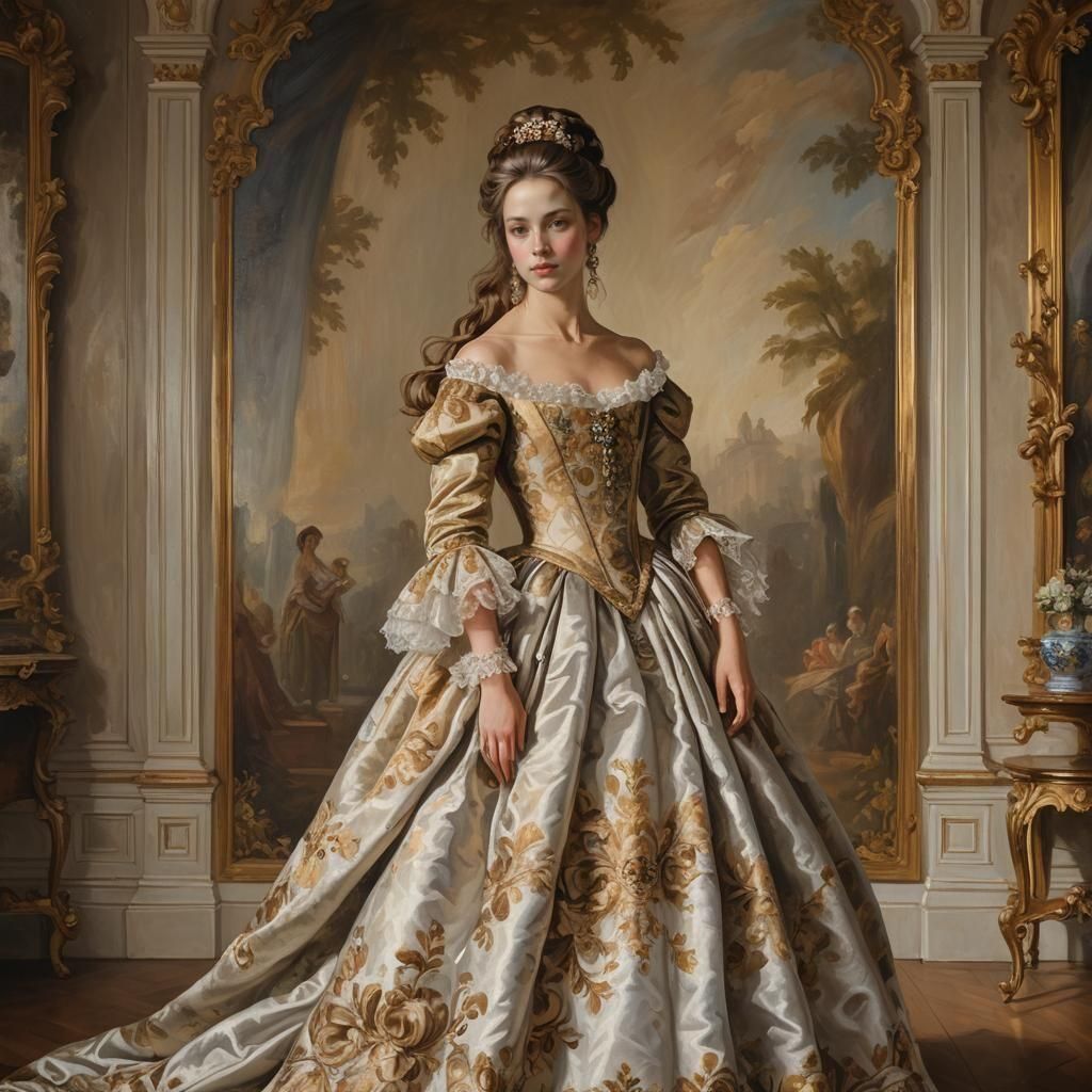 Rococo Princess in Opulent Room as Oil Painting