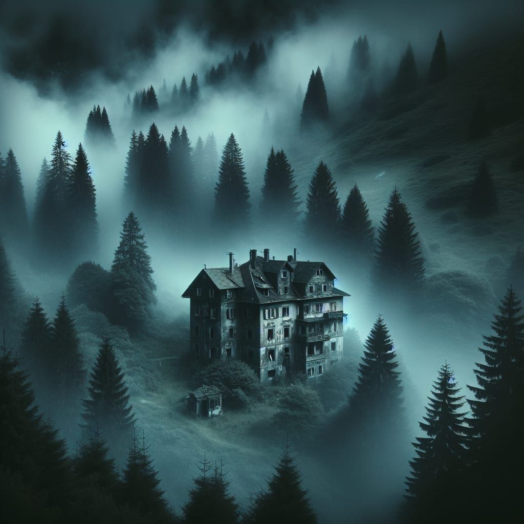 A visual representation of chillingly eerie structures that could be interpreted as haunted houses, enveloped in a myste...