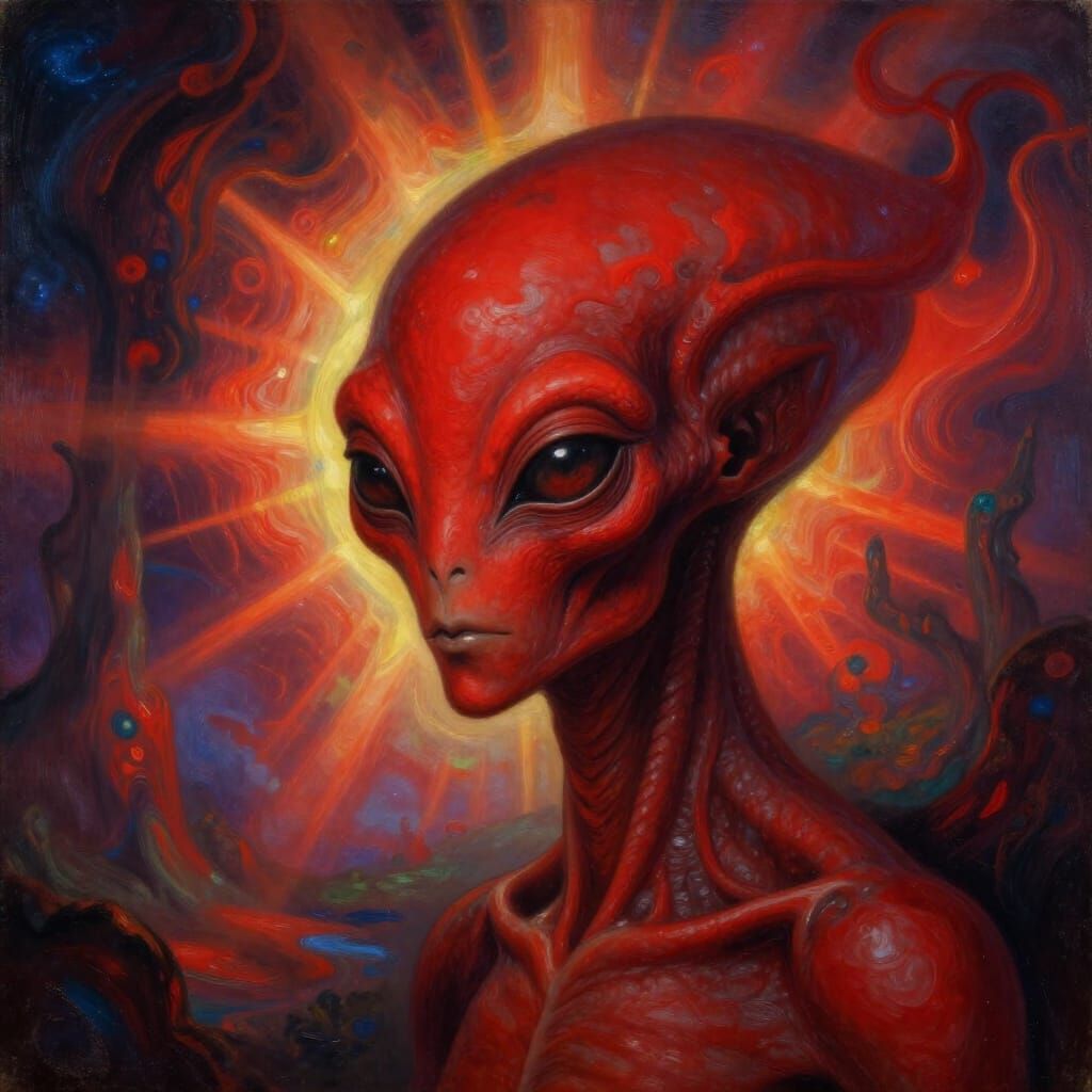 Surreal Alien Portrait with Crimson Face in Dreamlike Landsc...