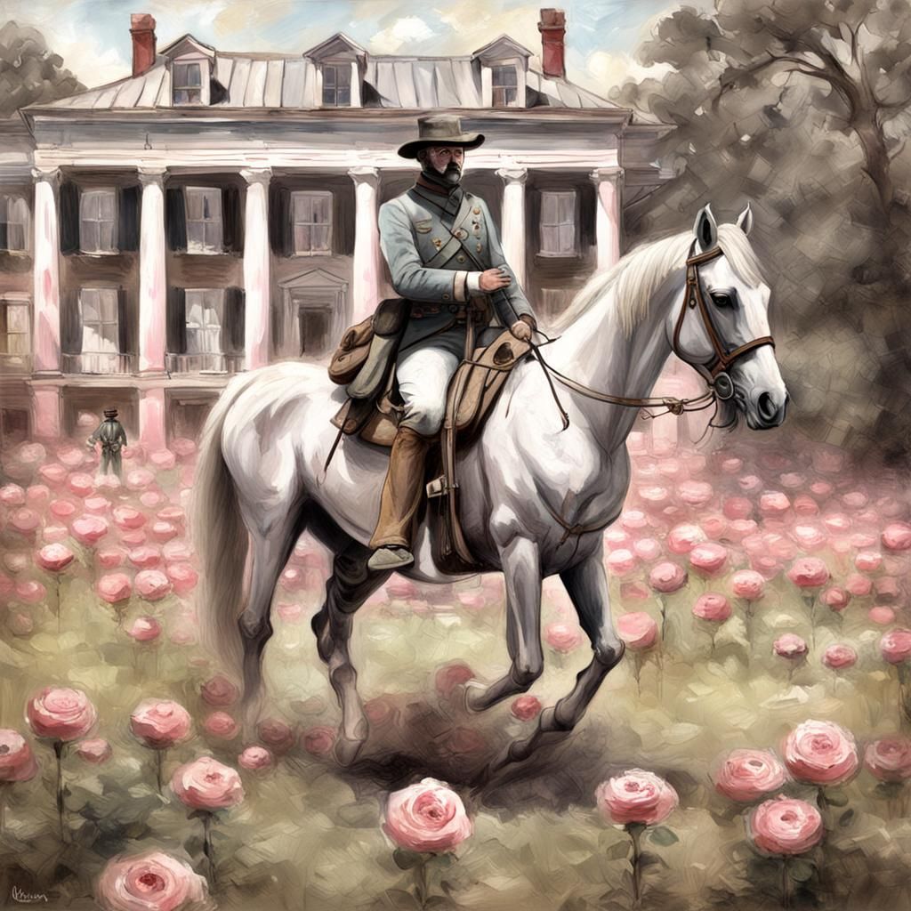 Confederate Soldier on Horseback Amidst Plantation Ruins