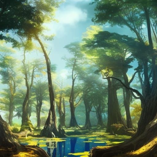 Magical Forest with Prunus Tree: Fantasy Art