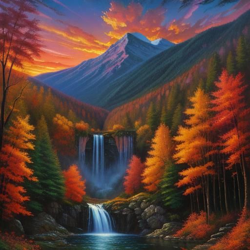 Synthwave Autumn Forest Waterfall Impasto Sunset