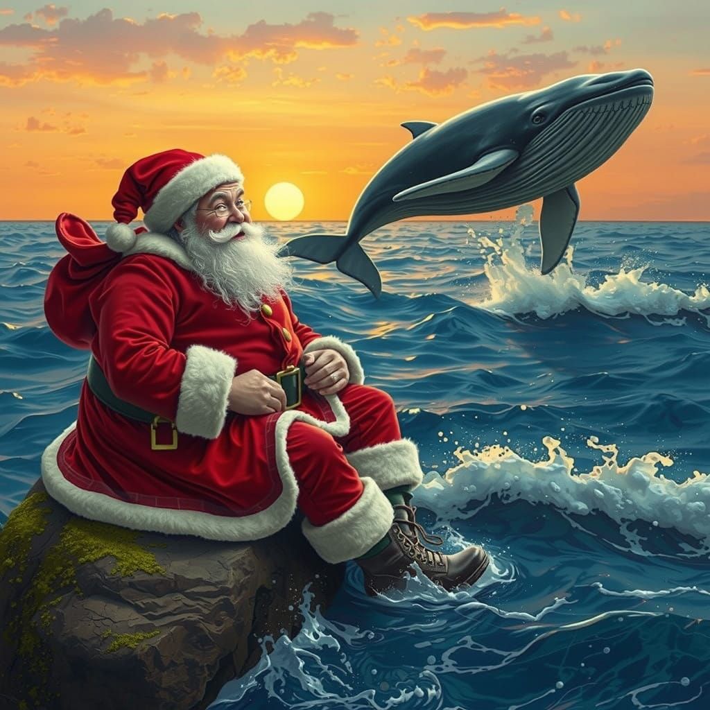 Whimsical Winter Wonderland with Santa and Majestic Blue Wha...