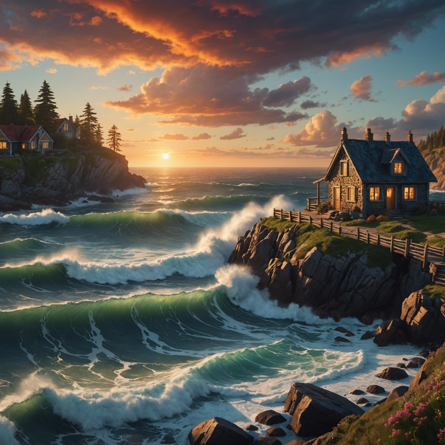 Colorful Sunset Over Coastal Cottage, Photorealistic Digital...