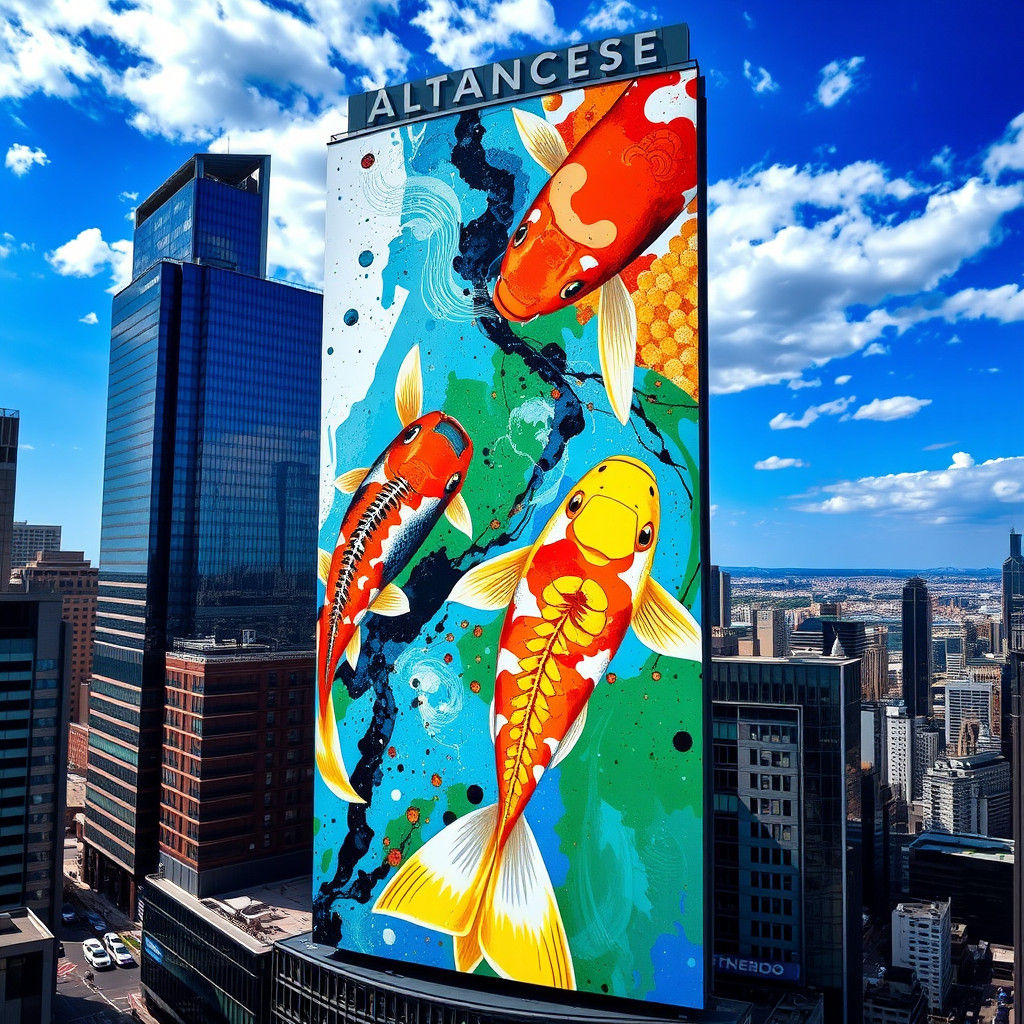 Koi Mural on Skyscraper Billboard: Abstract Japanese Art