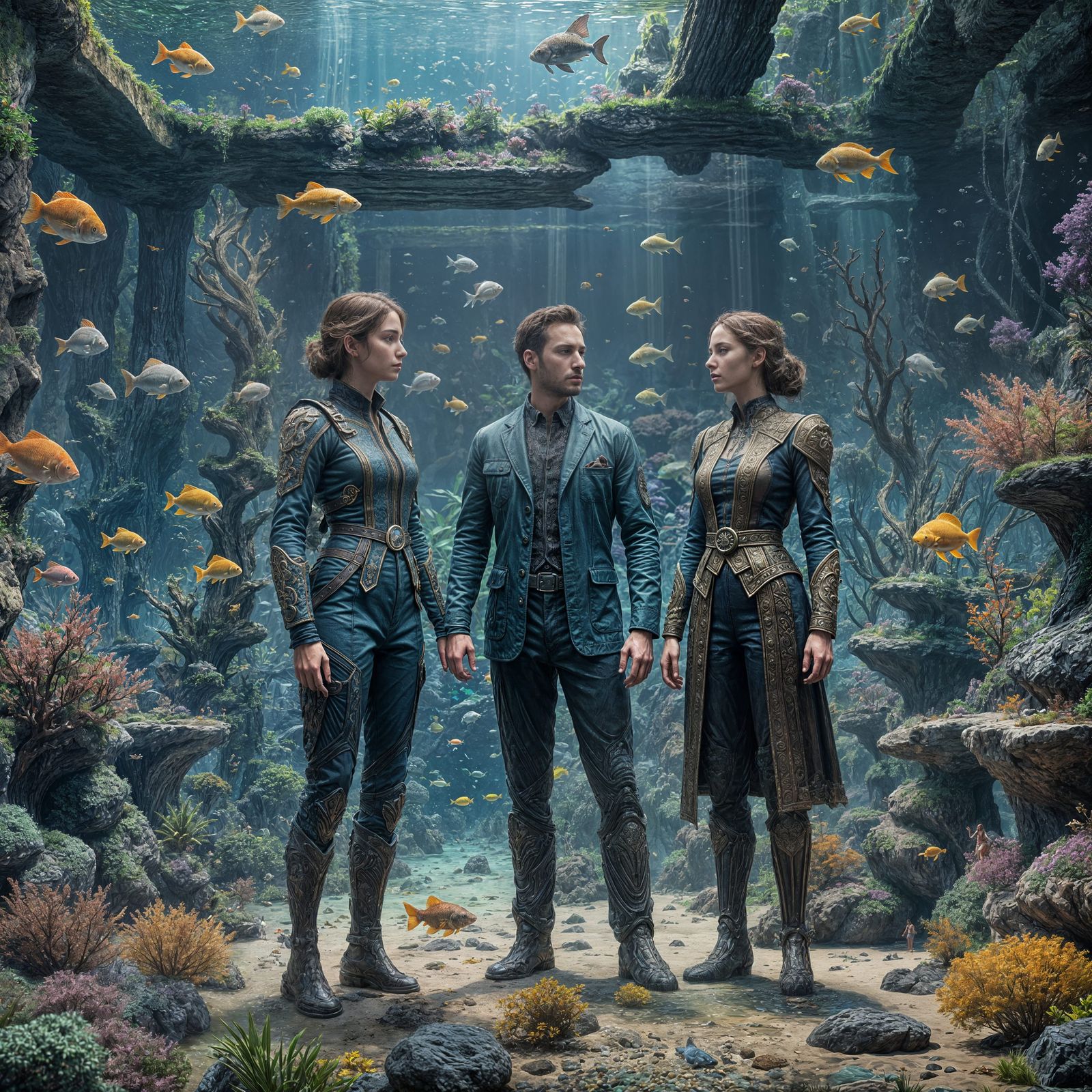 Man and Woman in a Detailed Aquarium Painting