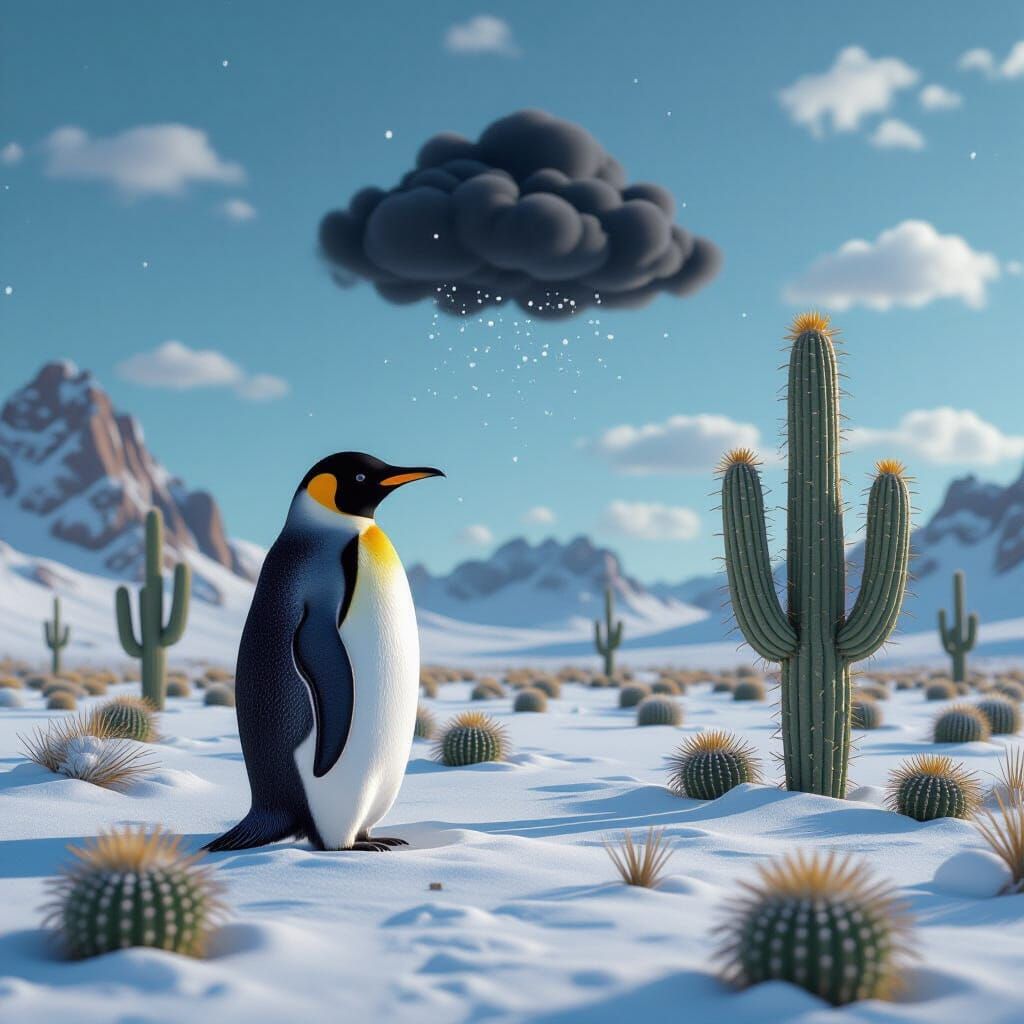 Penguin and Cactus in Surreal Desert Landscape