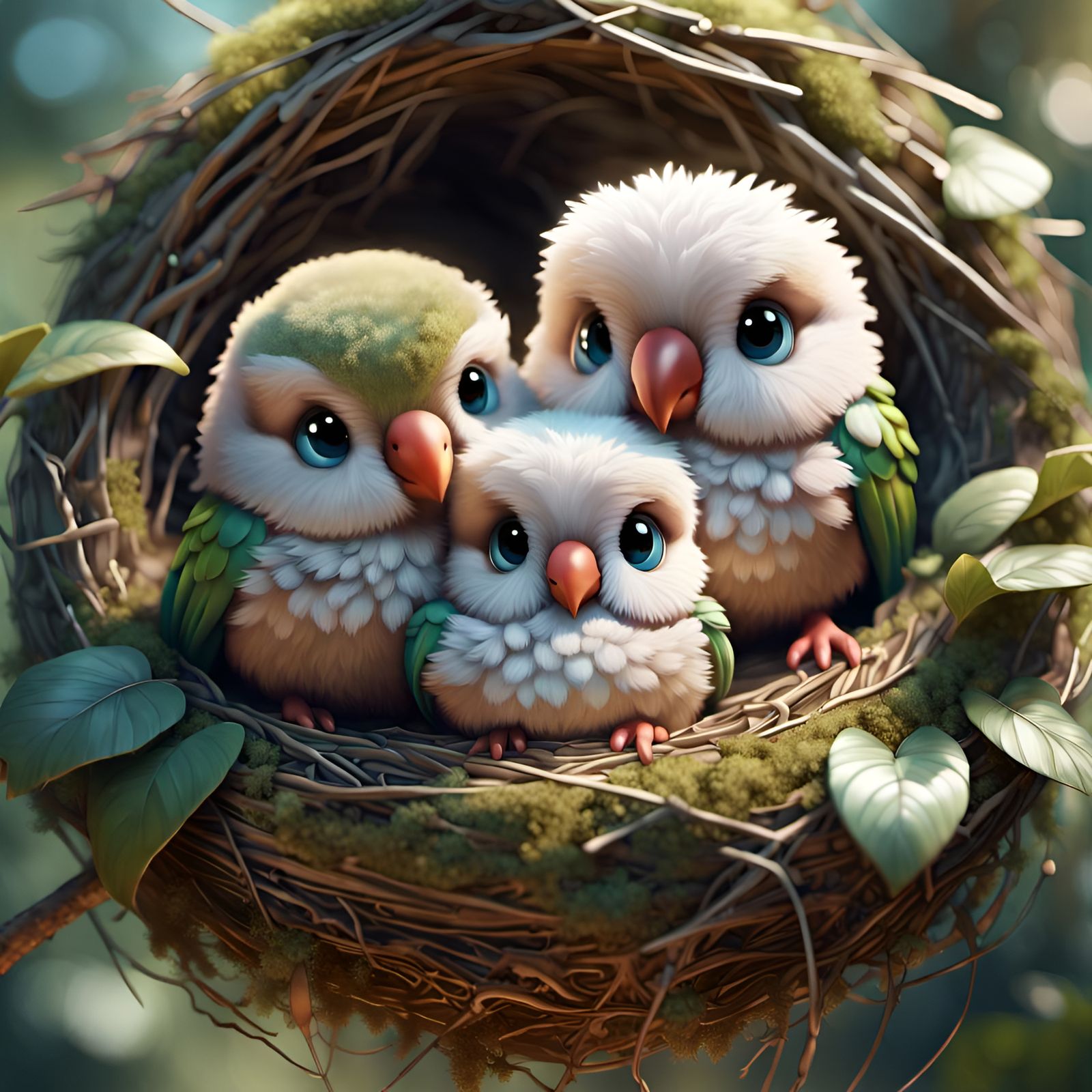 Chibi Lovebirds in Nest: Detailed 3D Render