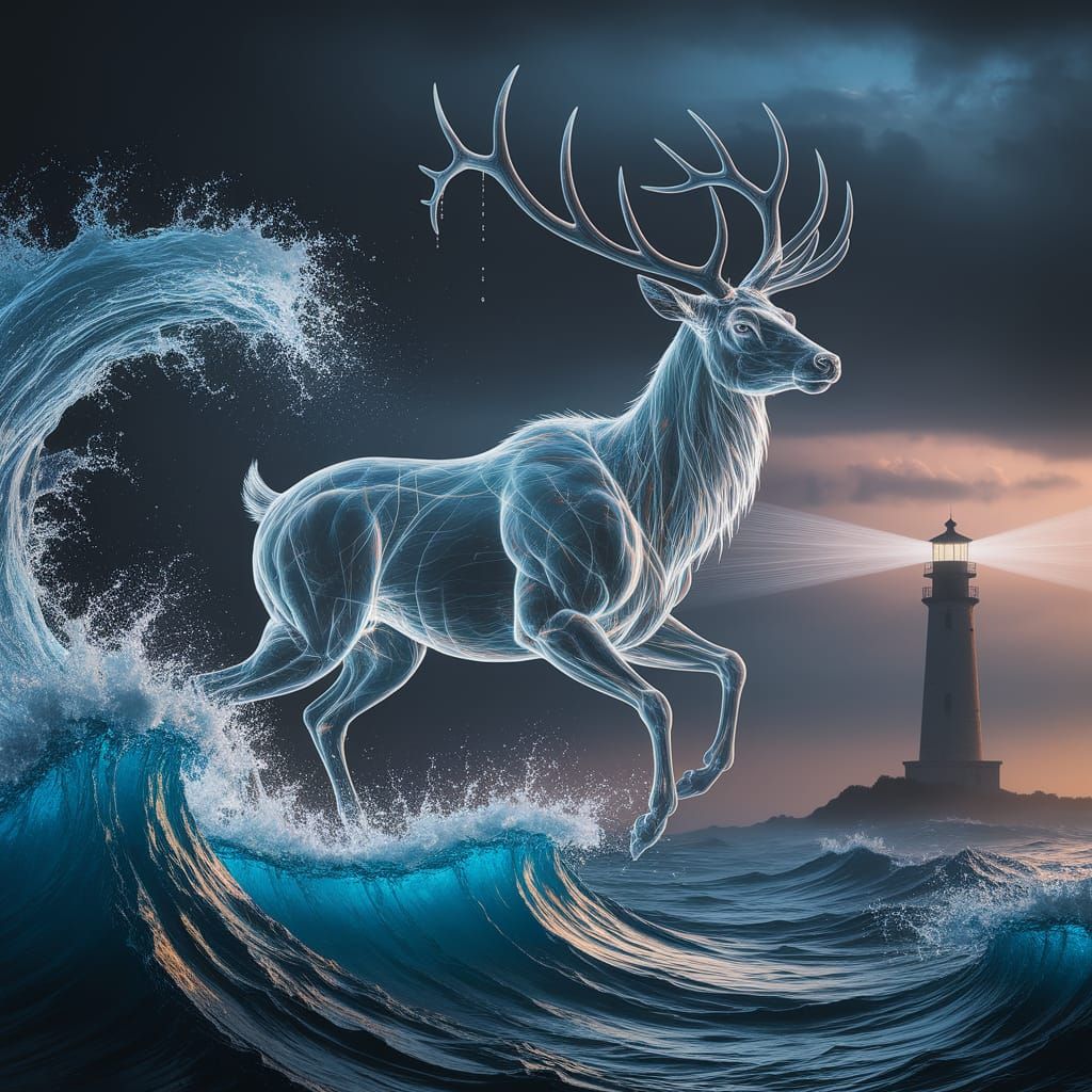 Ethereal Water Stag Guiding Waves in Art Nouveau Style