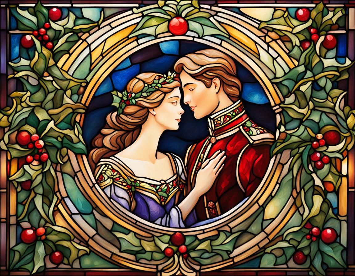 Prince and Princess Embrace in Stained Glass Style