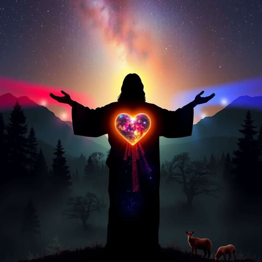 Jesus Silhouette with Cosmic Galaxy in Forest