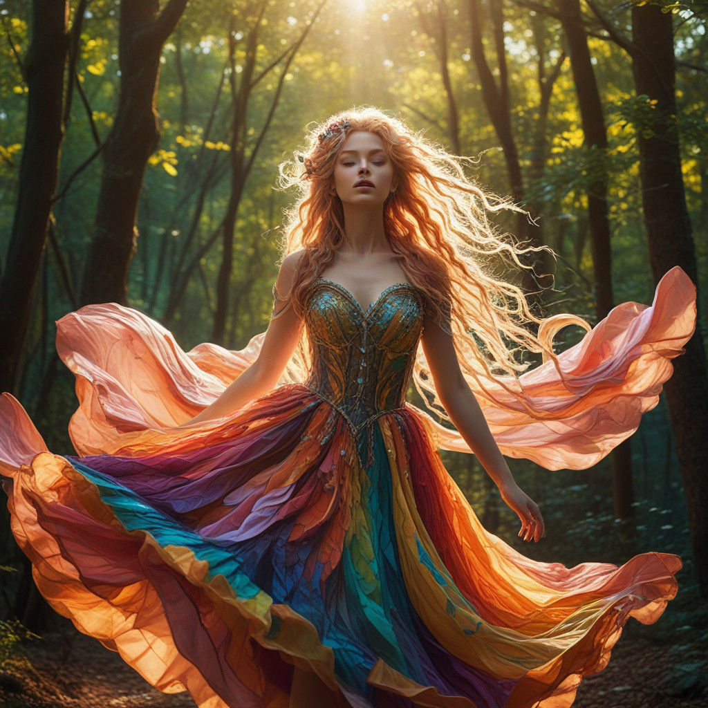 Enchanted Forest Sprite Dances in Vibrant Whimsy