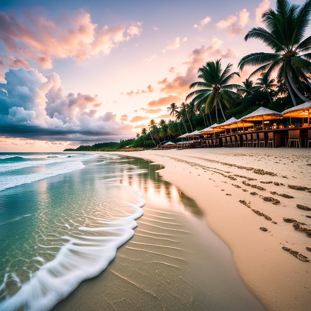 Tropical Beach Sunset Wide-Angle Paradise View