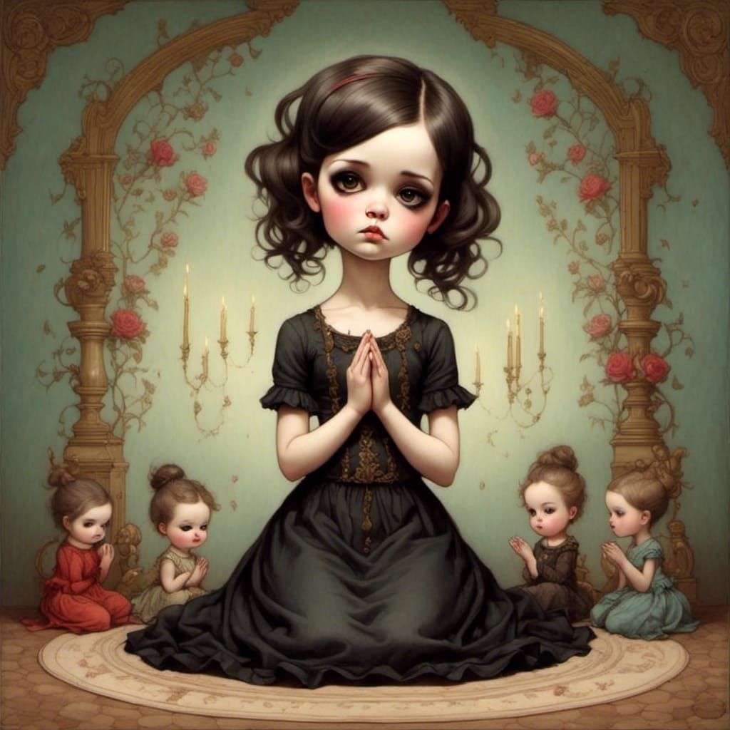 Girl Praying in Pop Surrealist Style