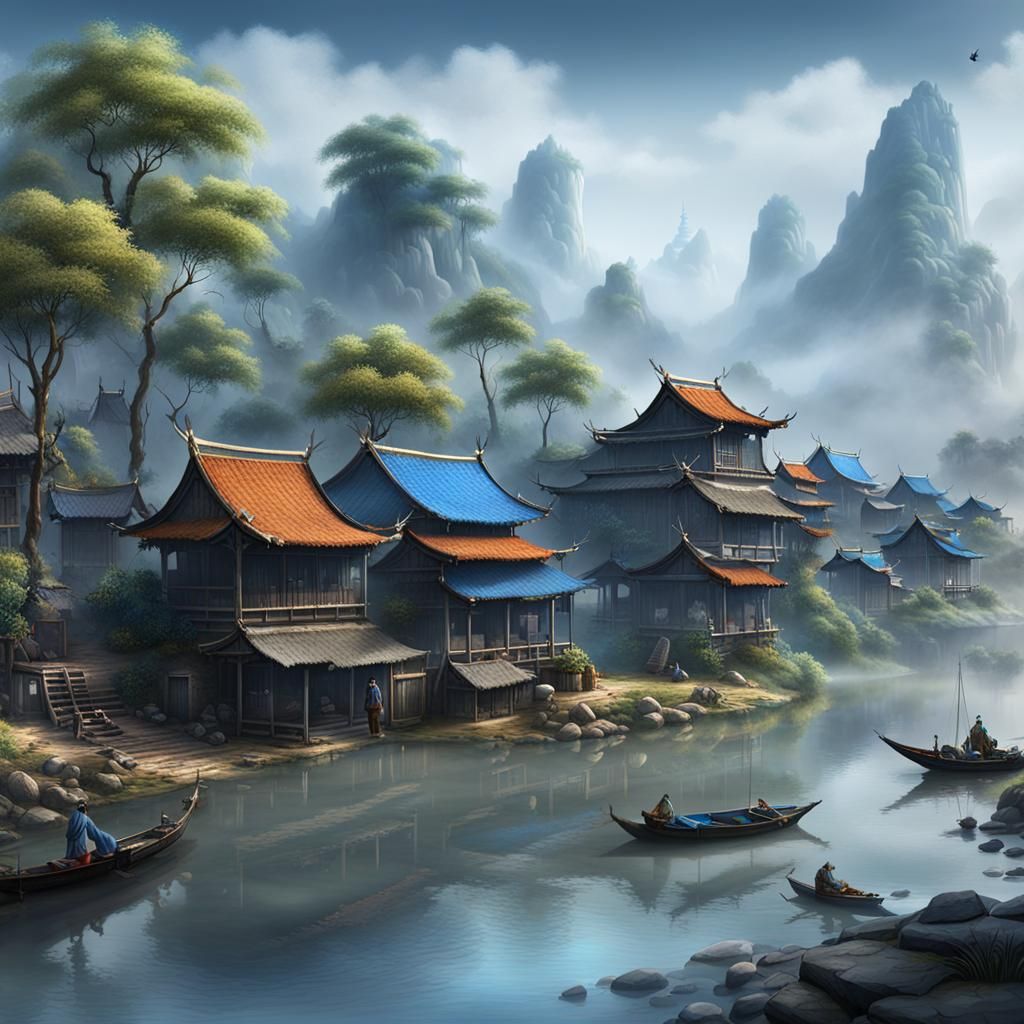 Misty Watercolor Fishing Village with Crane