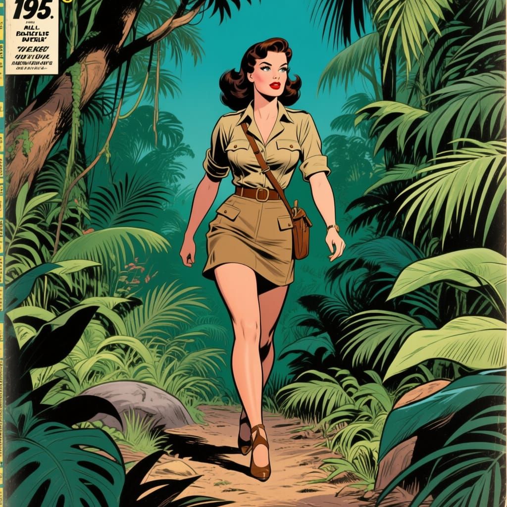 1950s Pulp Style Jungle Adventure Woman